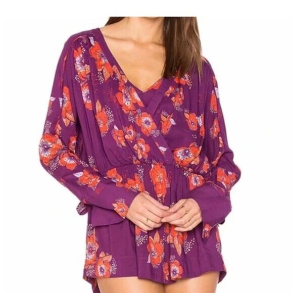 Free People Tuscan Dreams Long Sleeve Purple Tunic Top Small - Picture 1 of 11